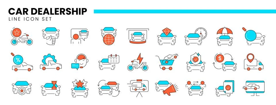 Auto dealership thin line icons, automotive industry linear symbols Stock Illustration