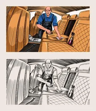 Auto detailing. Dry cleaning motor. Man washing car and vacuuming the interior Stock Illustration