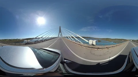 Auto drives over rope bridge, VR360, VR, 360VR, 360 Video Stock Footage 106293442