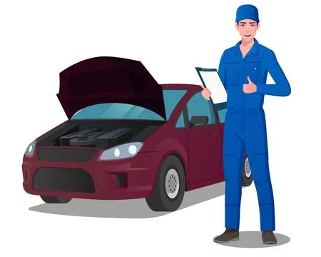 Auto Engineer Character Servicing a Car, Mechanic Wearing blue Jumpsuit Thumbs Stock Illustration
