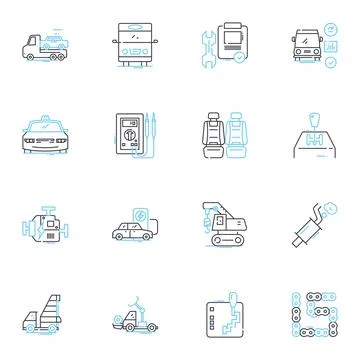 Auto exhibition linear icons set. Innovations, Design, Performance, Luxury Illustrazione stock