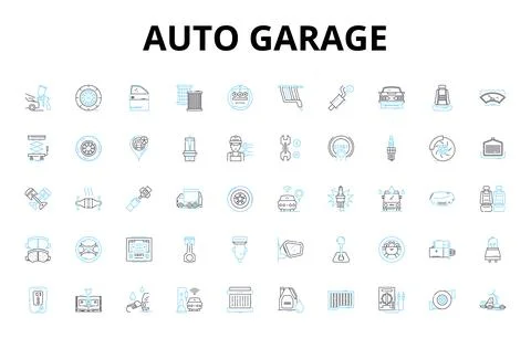 Auto garage linear icons set. Repair, Maintenance, Mechanic, Service, Tune-up Stock Illustration