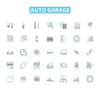 Auto garage linear icons set. Repair, Maintenance, Mechanic, Service, Tune-up Stock Illustration