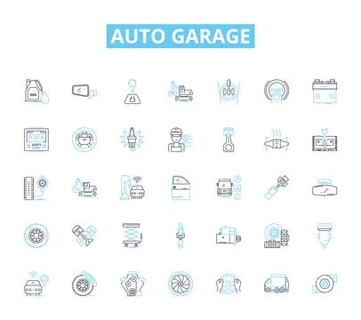 Auto garage linear icons set. Repair, Maintenance, Mechanic, Service, Tune-up Stock Illustration