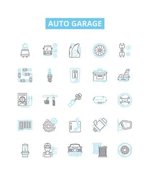 Auto garage vector line icons set. Auto, Garage, Repair, Service, Tune-up, Oil Stock Illustration