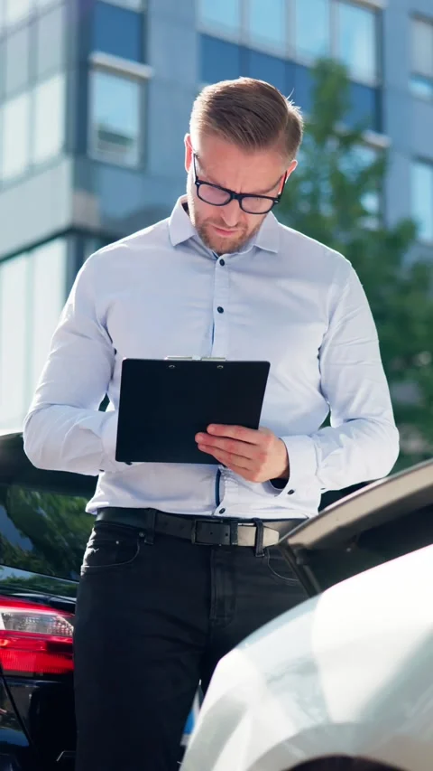 Auto Insurance Adjuster Assessing Car Damage After Accident Stock Footage 314925789