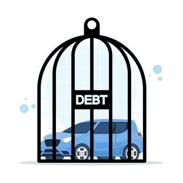Auto loan debt vector icon showing a car trapped inside a locked cage Stock Illustration