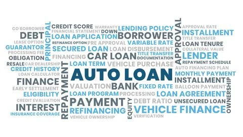 Auto Loan Word Cloud, Vehicle Finance and Repayment Terms, Secured Loan and.. Stock Illustration