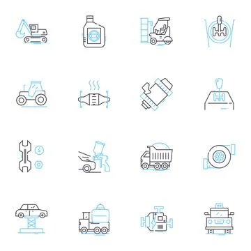 Auto maintenance industry linear icons set. Engine, Suspension, Brakes, Tires Stock Illustration
