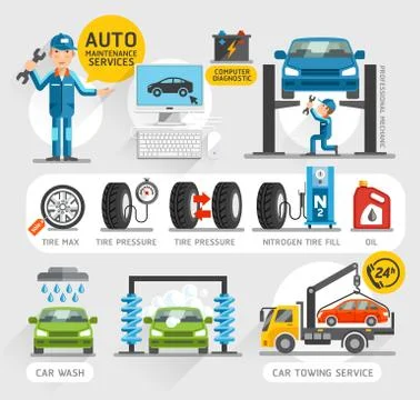 Auto Maintenance Services icons. Vector illustration. Illustrazione stock