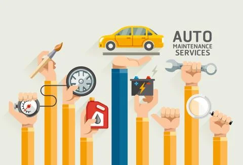 Auto Maintenance Services. Vector Illustrations. 스톡 일러스트