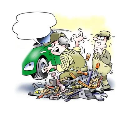 Auto mechanic changing a car engine Stock Illustration