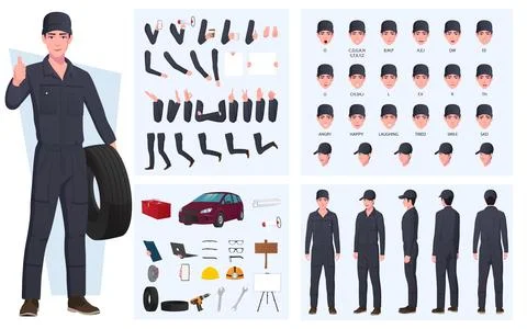Auto Mechanic Character Creation Set, Mechanical Engineer Pack with Tools Stock Illustration