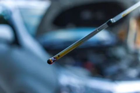 Auto mechanic checking engine oil dipstick in car. Auto mechanic in car repai Stock Photos