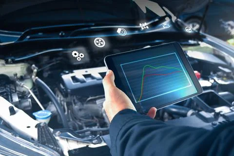 Auto mechanic is checking engine system with a ODB2 tablet  Stock Photos