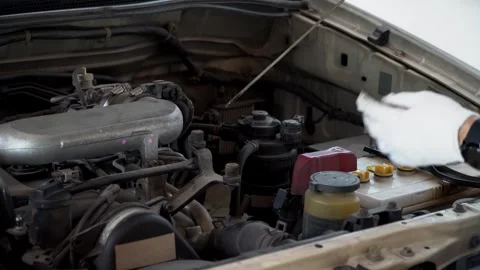 Auto mechanic checking the oil level in car engine,inspects engine water lev Stock Footage 282755087