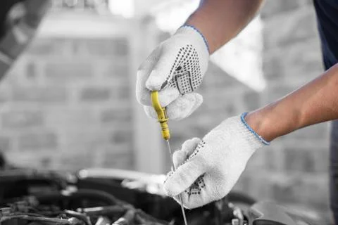 Auto mechanic checking the oil level in car engine Stock Photos