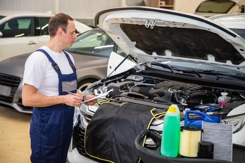 An auto mechanic does maintenance to the car. Foto stock