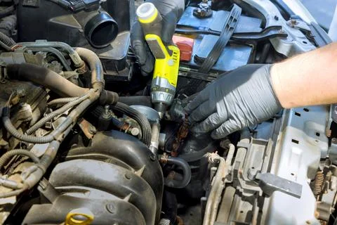 Auto mechanic employed in auto garage, who is master repair technician that Stock Photos