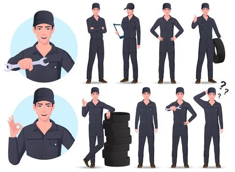 Auto Mechanic Engineer Cartoon Character Set With Different Poses and gestures Stock Illustration