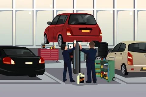 Auto mechanic fixing a car under the hood Stock Illustration