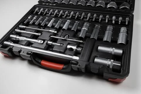 Auto mechanic hand tools set on white table Stock Photos