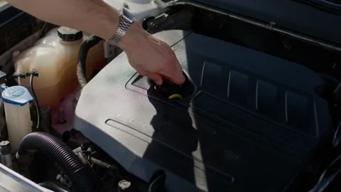 Auto mechanic performing under-the-hood check, inspecting engine components and Stock Footage 312517833