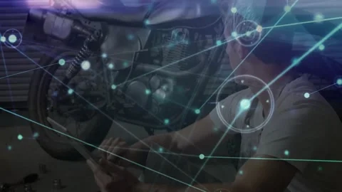 Auto mechanic tapping tablet scanning engine diagnosing faults with pulsing Video stock 326627717