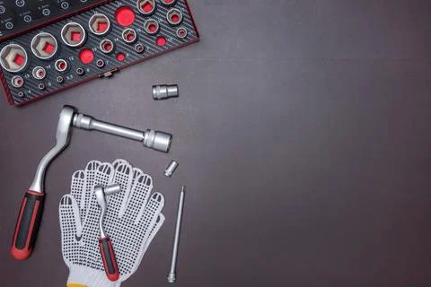 Auto mechanic tools on a dark background Foto stock