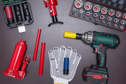 Auto mechanic tools on a dark background Stock Photos
