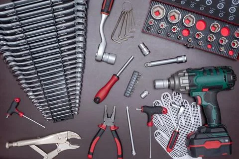 Auto mechanic tools on a dark background Foto stock