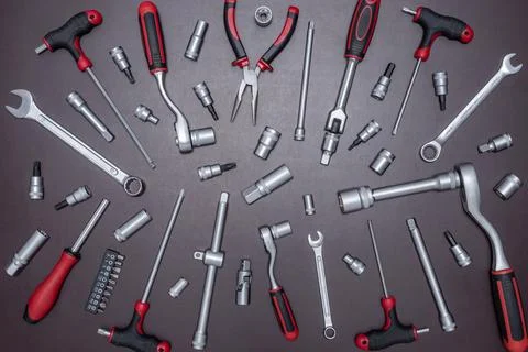 Auto mechanic tools on a dark background Foto stock