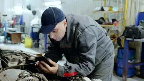 Auto mechanic using a smartphone app to consult repair instructions while Stock Photos
