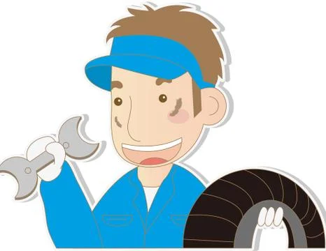 Auto mechanic with wheel Stock Illustration