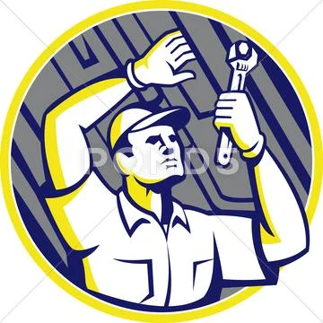 Auto Mechanic Wrench Under Chassis Car. Stock Illustration