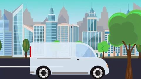 Auto mobile driving on the road in front of a city, cartoon animation Stock Footage 313798073
