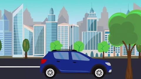 Auto mobile driving on the road in front of a city, cartoon animation Видео 313798143