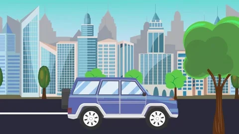 Auto mobile driving on the road in front of a city, cartoon animation Видео 313798145
