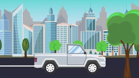 Auto mobile driving on the road in front of a city, cartoon animation Stock Footage 313798159