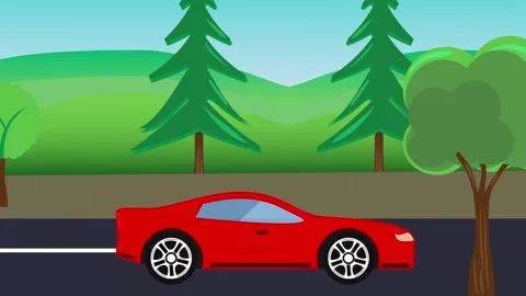 Auto mobile running on the way cartoon animation, rural area background view Stock Footage 311993543