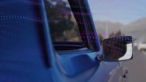Auto motion causing mirror showing driver for display, purple dots drifting Stock Footage 333859361