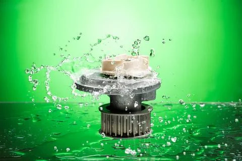 Auto parts, engine cooling pump in water splash on green background Auto p... Foto stock