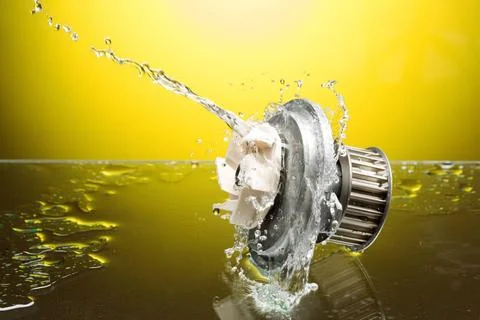 Auto parts, engine cooling pump in water splash on yellow background Auto ... Foto stock