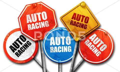 Auto racing, 3D rendering, rough street sign collection Stock Illustration