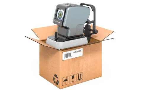 Auto refractometer inside cardboard box, delivery concept. 3D rendering Illustrazione stock