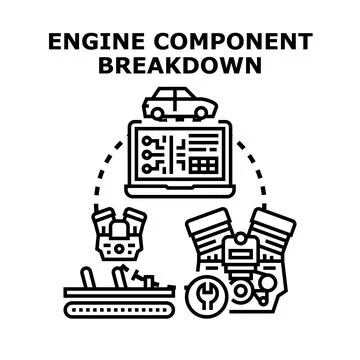 Auto repair engine component breakdown diagnosis process Illustrazione stock