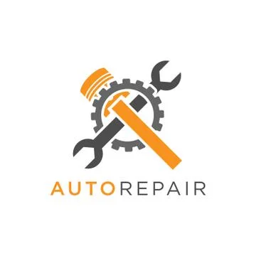 Auto repair logo design with piston and wrench inside a gear Illustrazione stock