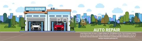 Auto Repair Service Garage Mechnic Vehicle Workshop Horizontal Banner With Copy Stock Illustration