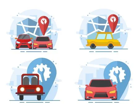 Auto repair service set featuring map location pins, car workshop markers Illustrazione stock