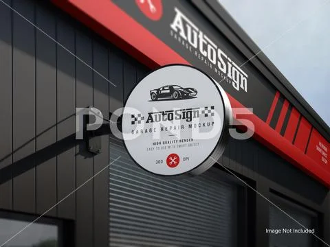 Auto Repair Shop Sign Mockup - Garage Signage Display PSD Template